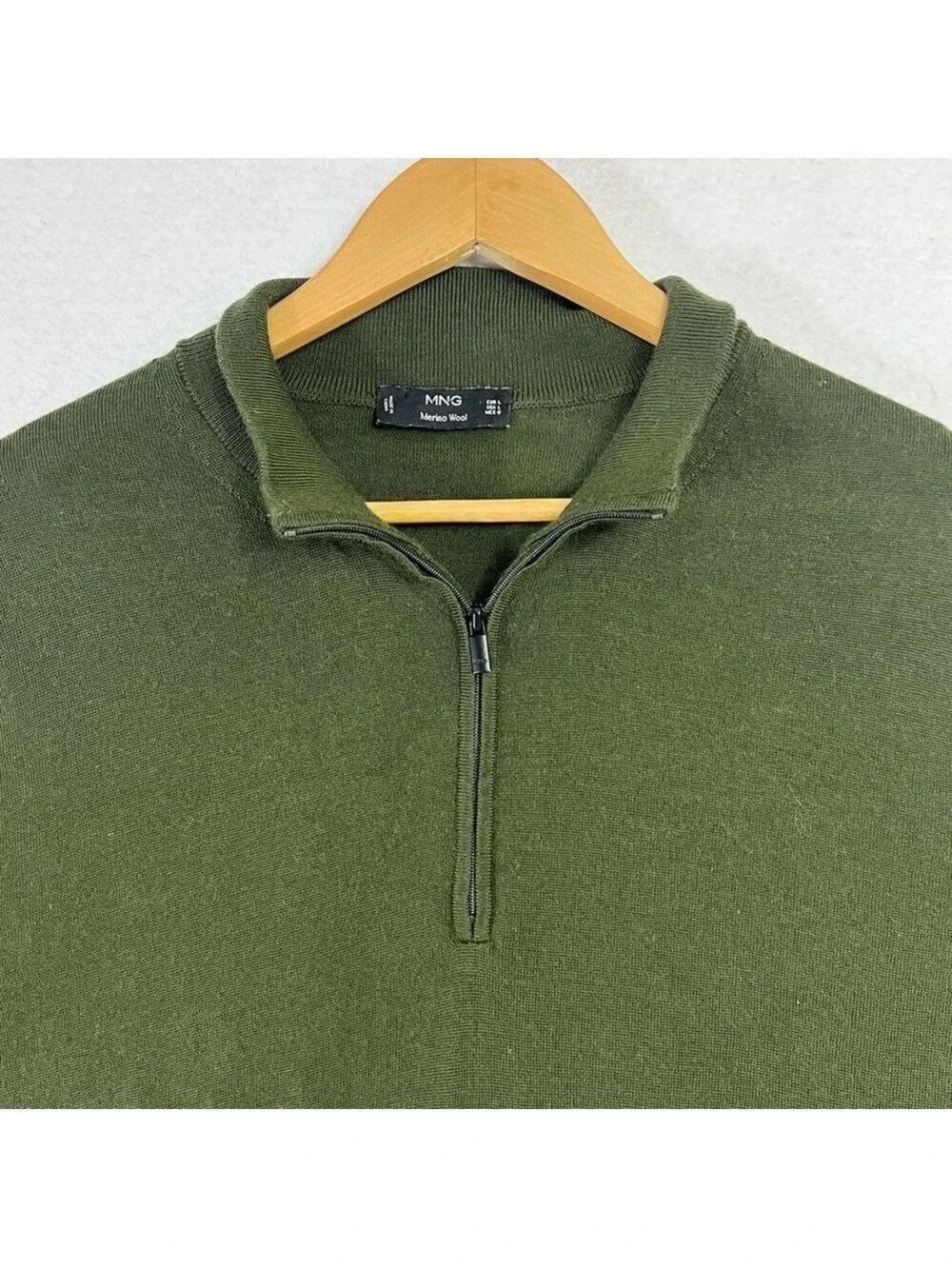 Mango MNG Men Merino Wool Sweater Green 1/4 Zip Size L Lightweight Preppy